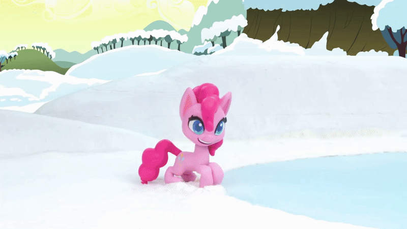Size: 800x450 | Tagged: safe, screencap, character:pinkie pie, species:earth pony, species:pony, g4.5, my little pony: stop motion short, my little pony:pony life, animated, annoyed, cake, cute, diapinkes, food, gif, happy, ice, ice and slice, outdoors, pinkie pie is not amused, sliding, slipping, snow, solo, stop motion, tongue out, unamused
