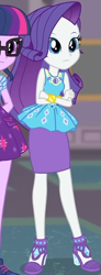 Size: 283x765 | Tagged: safe, screencap, character:rarity, character:twilight sparkle, episode:school of rock, g4, my little pony:equestria girls, clothing, cropped, crossed arms, cute, dress, female, field trip, geode of shielding, high heels, jewelry, magical geodes, museum, raribetes, shoes, skirt, sleeveless, waistband, wrist cuffs