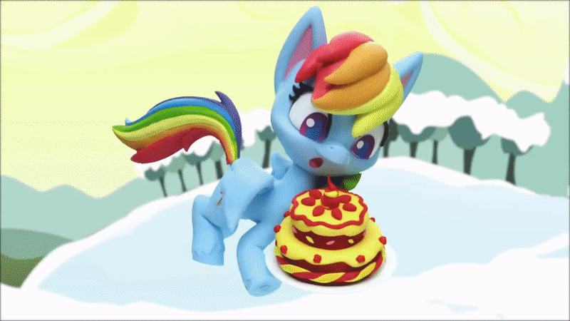 Size: 800x450 | Tagged: safe, screencap, character:pinkie pie, character:rainbow dash, species:earth pony, species:pegasus, species:pony, g4.5, my little pony: stop motion short, my little pony:pony life, animated, cake, dropped, flying, food, food on face, gif, ice, ice and slice, oops, smiling, snow, stop motion, tree, wings