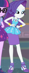 Size: 318x805 | Tagged: safe, screencap, character:rarity, character:twilight sparkle, episode:school of rock, g4, my little pony:equestria girls, clothing, cropped, cute, dress, female, field trip, geode of shielding, hands on hip, high heels, jewelry, lidded eyes, looking down, magical geodes, museum, raribetes, shoes, skirt, sleeveless, wrist cuffs