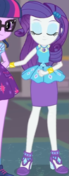 Size: 317x812 | Tagged: safe, screencap, character:rarity, character:twilight sparkle, episode:school of rock, g4, my little pony:equestria girls, clothing, cropped, cute, dress, eyes closed, female, field trip, geode of shielding, high heels, jewelry, magical geodes, museum, raribetes, shoes, skirt, sleeveless, wrist cuffs