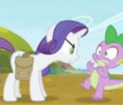 Size: 496x426 | Tagged: safe, screencap, character:rarity, character:spike, episode:inspiration manifestation, g4, my little pony: friendship is magic, cropped, duo, inspirarity, lowres, needs more jpeg, possessed, raised leg, scared, upscaled