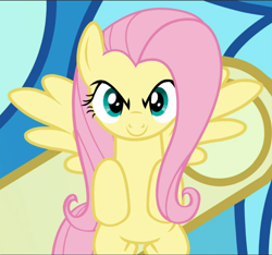 Size: 1003x940 | Tagged: safe, screencap, character:fluttershy, episode:the ending of the end, g4, my little pony: friendship is magic, cropped, determined, flying, grin, smiling, solo, spread wings, wings