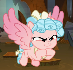 Size: 532x513 | Tagged: safe, screencap, character:cozy glow, species:alicorn, species:pony, episode:the ending of the end, g4, my little pony: friendship is magic, alicornified, cozycorn, cropped, evil grin, flying, gendo pose, grin, race swap, smiling, solo, spread wings, wings
