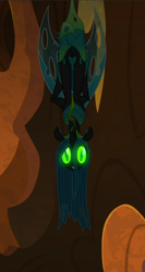 Size: 496x935 | Tagged: safe, screencap, character:queen chrysalis, species:changeling, episode:the ending of the end, g4, my little pony: friendship is magic, cropped, dark, glowing eyes, hanging, hanging upside down, smiling, solo, ultimate chrysalis