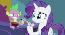 Size: 496x265 | Tagged: safe, screencap, character:rarity, character:spike, species:dragon, species:pony, species:unicorn, episode:ail-icorn, bowl, censored, gritted teeth, looking at something, nervous, rariskate, unnecessary censorship, winged spike