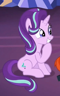 Size: 236x378 | Tagged: safe, screencap, character:starlight glimmer, species:pony, species:unicorn, episode:uncommon bond, g4, my little pony: friendship is magic, animated, blinking, cropped, cute, eyes closed, female, giggling, glimmerbetes, mare, offscreen character, perfect loop, raised hoof, sitting, solo focus