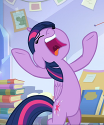 Size: 710x853 | Tagged: safe, screencap, character:twilight sparkle, character:twilight sparkle (alicorn), species:alicorn, species:pony, episode:the ending of the end, g4, my little pony: friendship is magic, bipedal, book, cropped, floppy ears, hooves in air, open mouth, solo, uvula