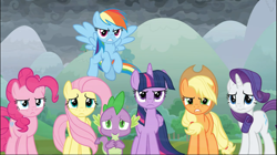 Size: 1671x939 | Tagged: safe, screencap, character:applejack, character:fluttershy, character:pinkie pie, character:rainbow dash, character:rarity, character:spike, character:twilight sparkle, character:twilight sparkle (alicorn), species:alicorn, species:dragon, species:pony, episode:the ending of the end, g4, my little pony: friendship is magic, cropped, determined, flying, group, mane seven, mane six, winged spike