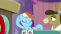 Size: 1920x1080 | Tagged: safe, screencap, character:matilda, character:rainbow dash, species:donkey, species:pegasus, species:pony, episode:a trivial pursuit, g4, my little pony: friendship is magic, bell