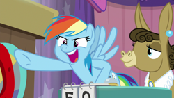 Size: 1280x720 | Tagged: safe, screencap, character:matilda, character:rainbow dash, species:donkey, species:pegasus, species:pony, episode:a trivial pursuit, g4, my little pony: friendship is magic, bell