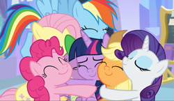 Size: 1621x937 | Tagged: safe, screencap, character:applejack, character:fluttershy, character:pinkie pie, character:rainbow dash, character:rarity, character:spike, character:twilight sparkle, character:twilight sparkle (alicorn), species:alicorn, species:dragon, species:pony, episode:the ending of the end, g4, my little pony: friendship is magic, cropped, cute, eyes closed, group, group hug, hug, mane seven, mane six, smiling, twiabetes, winged spike