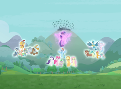 Size: 1146x844 | Tagged: safe, screencap, character:applejack, character:flash magnus, character:fluttershy, character:gallus, character:meadowbrook, character:mistmane, character:ocellus, character:pinkie pie, character:rainbow dash, character:rarity, character:rockhoof, character:sandbar, character:silverstream, character:smolder, character:somnambula, character:spike, character:star swirl the bearded, character:twilight sparkle, character:twilight sparkle (alicorn), character:yona, species:alicorn, species:changedling, species:dragon, species:pony, episode:the ending of the end, g4, my little pony: friendship is magic, cropped, floating, glow, magic of friendship, mane seven, mane six, pillars of equestria, spread wings, student six, triumphant, winged spike, wings