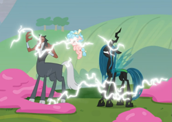 Size: 965x684 | Tagged: safe, screencap, character:cozy glow, character:lord tirek, character:queen chrysalis, episode:the ending of the end, g4, my little pony: friendship is magic, cozybuse, cropped, flying, legion of doom, lightning, magic, trio