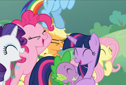 Size: 1383x938 | Tagged: safe, screencap, character:applejack, character:fluttershy, character:pinkie pie, character:rainbow dash, character:rarity, character:spike, character:twilight sparkle, character:twilight sparkle (alicorn), species:alicorn, species:dragon, species:pony, episode:the ending of the end, g4, my little pony: friendship is magic, bipedal, cheering, cropped, eyes closed, flying, group, hug, mane seven, mane six, smiling, winged spike