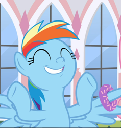 Size: 888x938 | Tagged: safe, screencap, character:rainbow dash, species:pegasus, species:pony, episode:the ending of the end, g4, my little pony: friendship is magic, cropped, cute, dashabetes, donut, eyes closed, food, hooves in air, smiling, solo, spread wings, wings