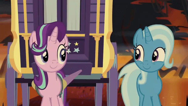 Size: 600x338 | Tagged: safe, screencap, character:starlight glimmer, character:trixie, species:pony, species:unicorn, episode:on the road to friendship, animated, close-up, cute, diatrixes, dodge, duo, female, fire, fire swamp, flame geyser, gif, glimmerbetes, mare, mist, singing, smiling, song, swamp, tree, trixie's wagon, uvula, vine, wagon, we're friendship bound