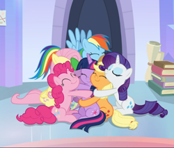 Size: 1098x937 | Tagged: safe, screencap, character:applejack, character:fluttershy, character:pinkie pie, character:rainbow dash, character:rarity, character:spike, character:twilight sparkle, character:twilight sparkle (alicorn), species:alicorn, species:dragon, species:pony, episode:the ending of the end, g4, my little pony: friendship is magic, cropped, cute, eyes closed, group, group hug, hug, mane seven, mane six, smiling, squishy cheeks, winged spike