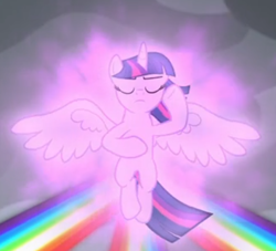 Size: 425x386 | Tagged: safe, screencap, character:twilight sparkle, character:twilight sparkle (alicorn), species:alicorn, species:pony, episode:the ending of the end, g4, my little pony: friendship is magic, cropped, eyes closed, floating, glow, magic, magic of friendship, majestic, solo