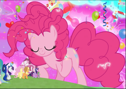 Size: 1331x943 | Tagged: safe, screencap, character:applejack, character:fluttershy, character:pinkie pie, character:princess luna, character:rainbow dash, character:rarity, character:spike, character:twilight sparkle, character:twilight sparkle (alicorn), species:alicorn, species:dragon, species:pony, episode:the ending of the end, g4, my little pony: friendship is magic, bell, chaos pinkie, cropped, eyes closed, giant pony, grogar's bell, macro, mane seven, mane six, winged spike