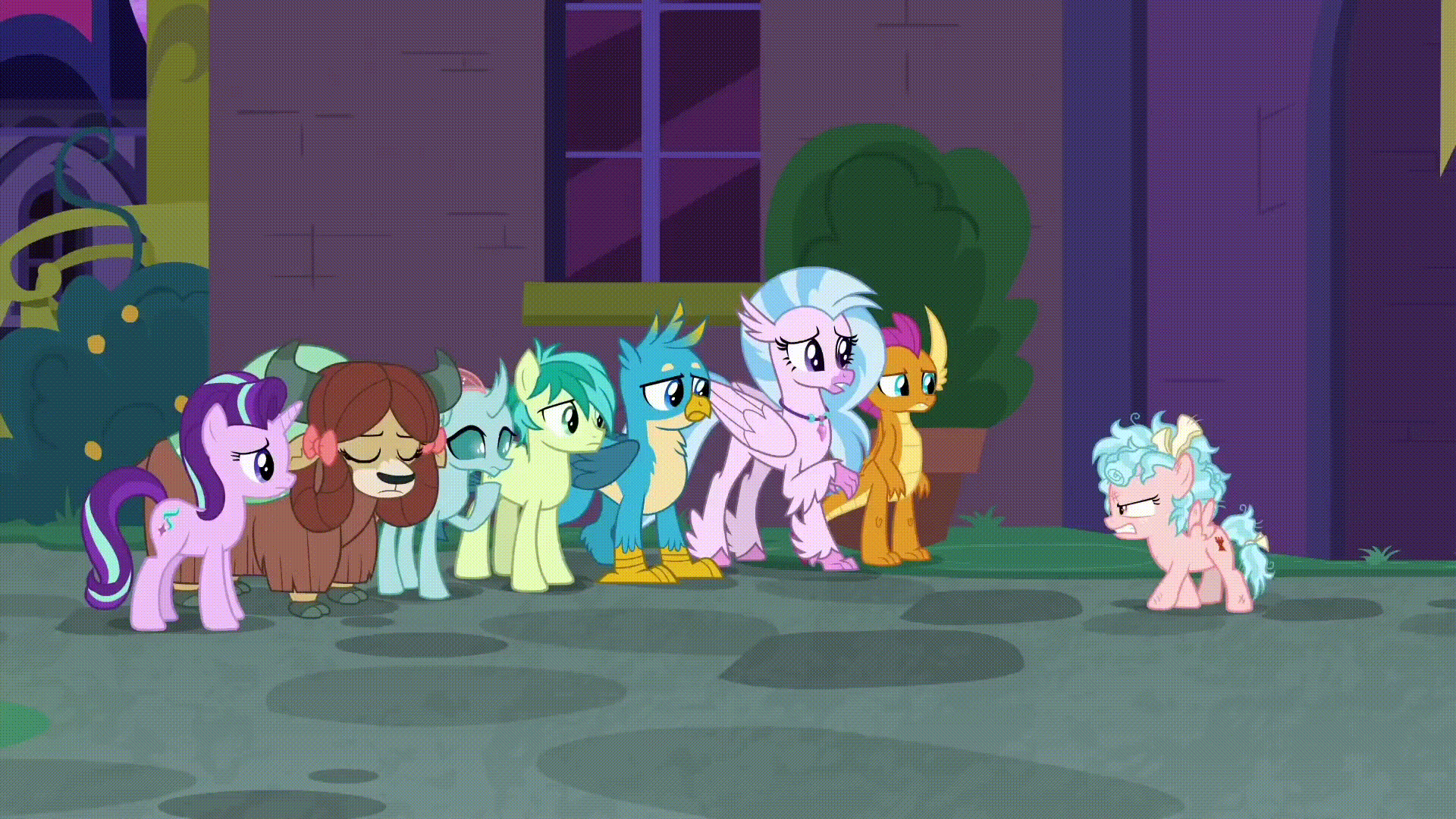 Size: 1920x1080 | Tagged: safe, screencap, character:applejack, character:cozy glow, character:fluttershy, character:gallus, character:ocellus, character:pinkie pie, character:rainbow dash, character:rarity, character:sandbar, character:silverstream, character:smolder, character:spike, character:starlight glimmer, character:twilight sparkle, character:twilight sparkle (alicorn), character:yona, species:alicorn, species:changedling, species:dragon, species:earth pony, species:pegasus, species:pony, species:unicorn, episode:school raze, g4, my little pony: friendship is magic, absurd file size, absurd gif size, angry, animated, clothing, female, filly, floppy ears, flying, foal, furious, gif, hat, magic, male, mane seven, mane six, mare, messy mane, raised eyebrow, scared, school of friendship, student six, teleportation, winged spike