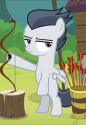 Size: 610x883 | Tagged: safe, screencap, character:rumble, episode:marks and recreation, g4, my little pony: friendship is magic, archery, arrow, bipedal, bow, cropped, disinterested, lidded eyes, solo