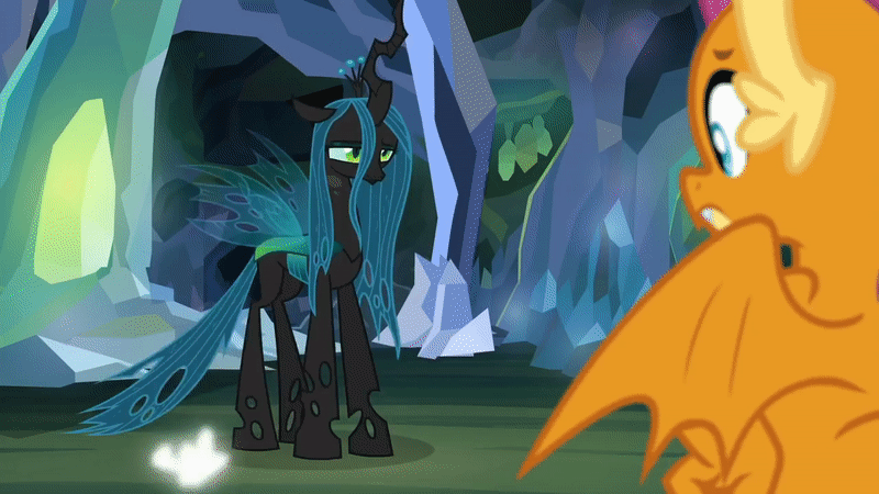 Size: 800x450 | Tagged: safe, screencap, character:ocellus, character:queen chrysalis, character:smolder, species:changedling, species:changeling, species:dragon, episode:what lies beneath, g4, my little pony: friendship is magic, animated, cave, changeling queen, disguise, disguised changeling, dragoness, duo, fail, female, loop, magic, perfect loop
