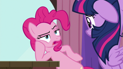 Size: 1920x1080 | Tagged: safe, screencap, character:pinkie pie, character:twilight sparkle, character:twilight sparkle (alicorn), species:alicorn, species:earth pony, species:pony, episode:a trivial pursuit, g4, my little pony: friendship is magic, ashamed, displeased, duo, female, floppy ears, folded wings, guilty, hoof on cheek, hoof on hip, mare, messy mane, narrowed eyes, open mouth, pinkie pie is not amused, raised eyebrow, talking, unamused, wings