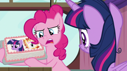 Size: 1920x1080 | Tagged: safe, screencap, character:pinkie pie, character:sunburst, character:twilight sparkle, character:twilight sparkle (alicorn), species:alicorn, species:pony, episode:a trivial pursuit, g4, my little pony: friendship is magic, cake, food, messy mane