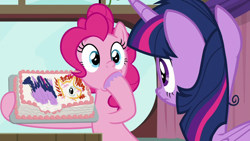 Size: 1920x1080 | Tagged: safe, screencap, character:pinkie pie, character:twilight sparkle, character:twilight sparkle (alicorn), species:alicorn, species:earth pony, species:pony, episode:a trivial pursuit, g4, my little pony: friendship is magic, awkward, cake, cute, diapinkes, duo, eating, female, food, frown, hoof hold, hoof in mouth, looking at each other, mare, messy mane, pinkie being pinkie
