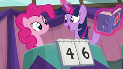Size: 1920x1080 | Tagged: safe, screencap, character:pinkie pie, character:twilight sparkle, character:twilight sparkle (alicorn), species:alicorn, species:pony, episode:a trivial pursuit, g4, my little pony: friendship is magic, book, messy mane