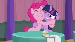 Size: 1920x1080 | Tagged: safe, screencap, character:pinkie pie, character:twilight sparkle, character:twilight sparkle (alicorn), species:alicorn, species:earth pony, species:pony, episode:a trivial pursuit, g4, my little pony: friendship is magic, bell, cheek squish, cute, diapinkes, duo, eyes closed, female, floppy ears, friends, grin, happy, hug, mare, messy mane, one eye closed, reconciliation, smiling, squishy cheeks, team twipie, trivia trot, twiabetes