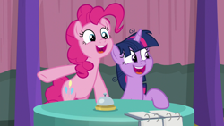 Size: 1920x1080 | Tagged: safe, screencap, character:pinkie pie, character:twilight sparkle, character:twilight sparkle (alicorn), species:alicorn, species:earth pony, species:pony, episode:a trivial pursuit, g4, my little pony: friendship is magic, bell, cute, diapinkes, duo, having fun, hind legs, hooves on the table, messy mane, team twipie, trivia trot, twiabetes