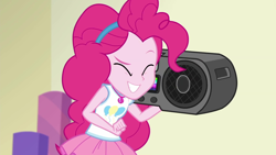 Size: 1920x1080 | Tagged: safe, screencap, character:pinkie pie, equestria girls:holidays unwrapped, g4, my little pony:equestria girls, boombox, cute, diapinkes, eyes closed, female, geode of sugar bombs, magical geodes, o come all ye squashful, smiling, solo