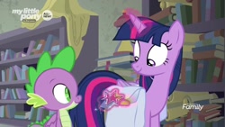 Size: 1920x1080 | Tagged: safe, screencap, character:spike, character:twilight sparkle, character:twilight sparkle (alicorn), species:alicorn, species:dragon, species:pony, episode:the point of no return, g4, my little pony: friendship is magic, bag, bits, book, bookshelf, magic, saddle bag, winged spike