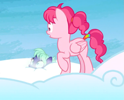 Size: 755x607 | Tagged: safe, screencap, character:bifröst, character:night view, species:earth pony, species:pegasus, species:pony, episode:school raze, g4, my little pony: friendship is magic, accessory, background pony, cloud, cropped, duo, falling, female, folded wings, friendship student, hairband, mare, on a cloud, peril, raised hoof, shocked, sky, standing, tail wrap, wide eyes, wings