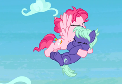 Size: 1115x768 | Tagged: safe, screencap, character:bifröst, character:night view, species:earth pony, species:pegasus, species:pony, episode:school raze, g4, my little pony: friendship is magic, accessory, background pony, carrying, catching, cloud, cropped, duo, eyes closed, falling, female, flying, friendship student, hairband, holding, hug, mare, rescue, sky, spread wings, tail wrap, wings