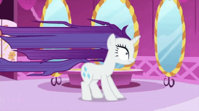Size: 640x359 | Tagged: safe, screencap, character:rarity, character:starlight glimmer, species:pony, species:unicorn, episode:rarity's biggest fan, animated, carousel boutique, duo, female, gif, long hair, long mane, magic, magic aura, mare, rarity is not amused, telekinesis, unamused