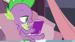 Size: 1920x1080 | Tagged: safe, screencap, character:spike, species:dragon, episode:the summer sun setback, g4, my little pony: friendship is magic, bed, comic book, pillow, solo, winged spike