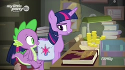 Size: 1920x1080 | Tagged: safe, screencap, character:spike, character:twilight sparkle, character:twilight sparkle (alicorn), species:alicorn, species:dragon, species:pony, episode:the point of no return, g4, my little pony: friendship is magic, bag, bits, book, bookshelf, lamp, saddle bag, winged spike