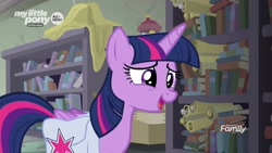 Size: 1920x1080 | Tagged: safe, screencap, character:twilight sparkle, character:twilight sparkle (alicorn), species:alicorn, species:pony, episode:the point of no return, g4, my little pony: friendship is magic, bag, book, bookshelf, saddle bag, scroll, solo