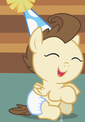 Size: 223x323 | Tagged: safe, screencap, character:pound cake, species:pony, episode:baby cakes, g4, my little pony: friendship is magic, baby, baby pony, clothing, colt, cropped, cute, diaper, diapered, diapered colt, eyes closed, happy, happy baby, hat, male, one month old colt, open mouth, party hat, playful, solo, white diaper