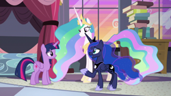 Size: 1920x1080 | Tagged: safe, screencap, character:princess celestia, character:princess luna, character:twilight sparkle, character:twilight sparkle (alicorn), species:alicorn, species:pony, episode:the summer sun setback, g4, my little pony: friendship is magic, bed, book