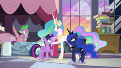 Size: 1920x1080 | Tagged: safe, screencap, character:princess celestia, character:princess luna, character:spike, character:twilight sparkle, character:twilight sparkle (alicorn), species:alicorn, species:dragon, species:pony, episode:the summer sun setback, g4, my little pony: friendship is magic, bed, book, comic book, winged spike
