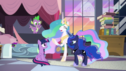Size: 1920x1080 | Tagged: safe, screencap, character:princess celestia, character:princess luna, character:spike, character:twilight sparkle, character:twilight sparkle (alicorn), species:alicorn, species:dragon, species:pony, episode:the summer sun setback, g4, my little pony: friendship is magic, amulet, baby dragon, beautiful, bed, book, cheerful, chestplate, claws, comic book, crown, ethereal mane, eyes closed, eyeshadow, female, flowing mane, flowing tail, flying, folded wings, frown, galaxy mane, glowing horn, hoof shoes, jewelry, levitation, lidded eyes, looking down, magic, magic aura, makeup, male, mare, multicolored hair, raised hoof, regalia, royal sisters, siblings, sisters, sitting, smiling, telekinesis, winged spike
