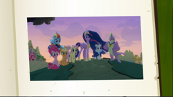 Size: 1666x940 | Tagged: safe, screencap, character:applejack, character:fluttershy, character:pinkie pie, character:rainbow dash, character:rarity, character:spike, character:twilight sparkle, character:twilight sparkle (alicorn), species:alicorn, species:pony, episode:the last problem, g4, my little pony: friendship is magic, book of harmony, cropped, crown, flying, gigachad spike, group, jewelry, mane seven, mane six, older, older applejack, older fluttershy, older mane seven, older mane six, older pinkie pie, older rainbow dash, older rarity, older spike, older twilight, peytral, picture, princess twilight 2.0, regalia, the end