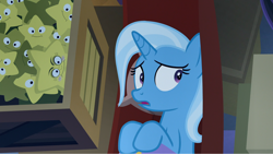 Size: 1920x1081 | Tagged: safe, screencap, character:trixie, species:pony, species:unicorn, episode:on the road to friendship, female, low quality, mare, open mouth, photo, picture of a screen, solo
