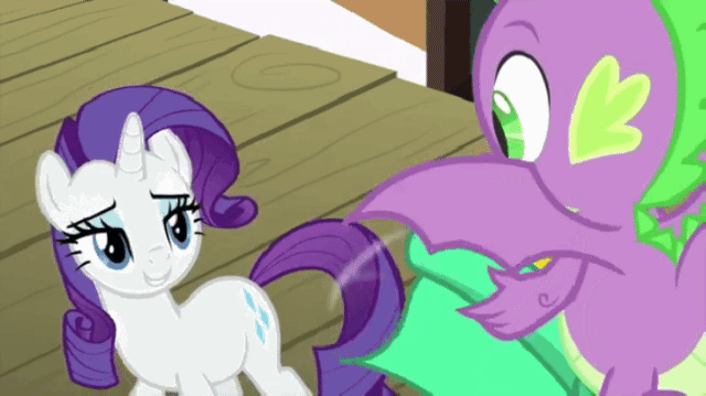 Size: 640x359 | Tagged: safe, screencap, character:rarity, character:spike, species:dragon, species:pony, species:unicorn, episode:rarity's biggest fan, animated, flapping wings, gif, lidded eyes, winged spike, wings