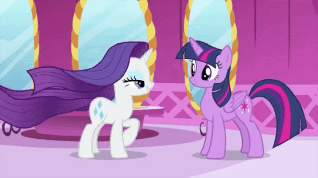 Size: 640x359 | Tagged: safe, screencap, character:rarity, character:twilight sparkle, character:twilight sparkle (alicorn), species:alicorn, species:pony, episode:rarity's biggest fan, animated, gif, long hair, long mane, loose hair, windswept hair, windswept mane, windswept tail