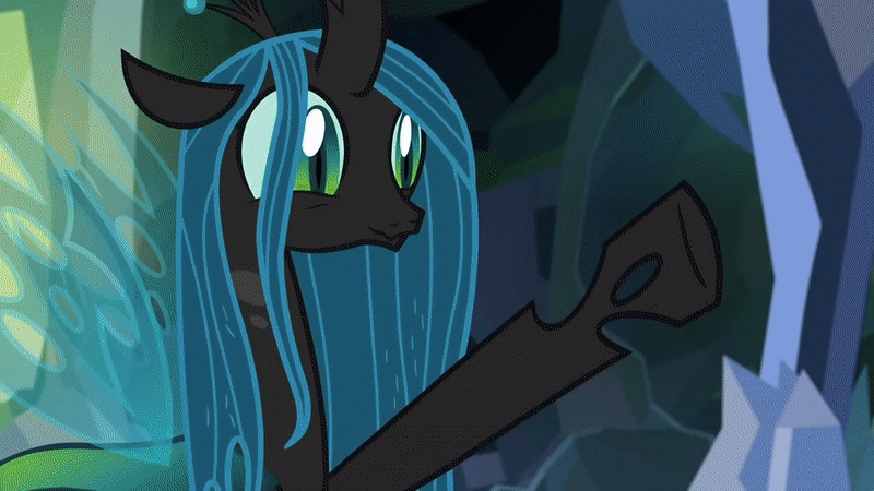 Size: 800x450 | Tagged: safe, screencap, character:ocellus, character:queen chrysalis, character:smolder, species:changedling, species:changeling, species:dragon, species:reformed changeling, episode:what lies beneath, g4, my little pony: friendship is magic, animated, cave, changeling queen, clapping, crossed arms, cute, cutealis, diaocelles, disguise, disguised changeling, dragoness, duo, eyes closed, female, happy, magic, shapeshifting, smiling, transformation